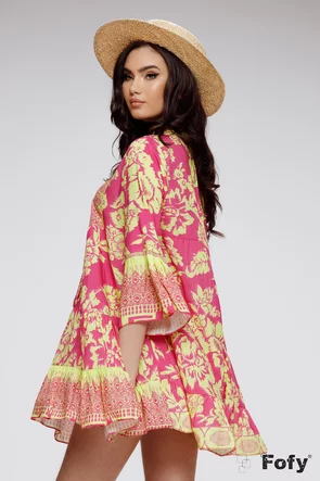 Rochie de vara din vascoza racoroasa imprimeu floral ciclame cu galben lime