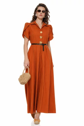 Rochie de vara din vascoza teracota cu maneci petrecute accesorii metalice si curea