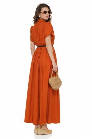 Rochie de vara din vascoza teracota cu maneci petrecute accesorii metalice si curea