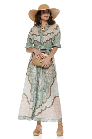 Rochie de vara lunga din bumbac imprimeu bohemian verde