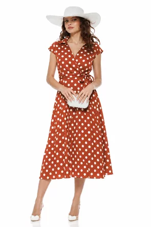 Rochie de vara midi petrecuta din bumbac caramiziu cu buline ivoire
