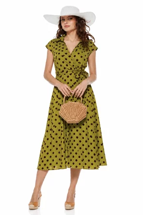 Rochie de vara midi petrecuta din bumbac fistic cu buline maro