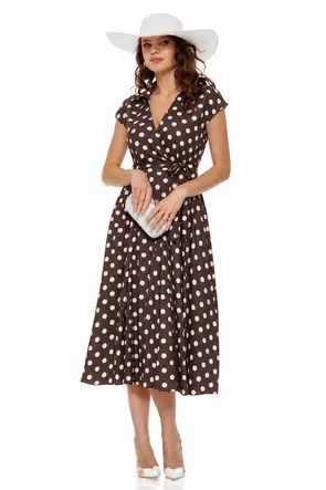 Rochie de vara midi petrecuta din bumbac maro cu buline ivoire