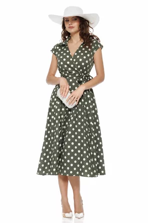 Rochie de vara midi petrecuta din bumbac olive cu buline ivoire