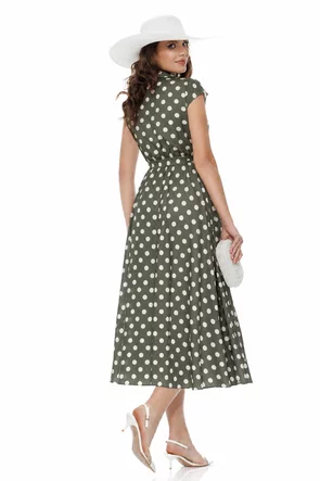 Rochie de vara midi petrecuta din bumbac olive cu buline ivoire