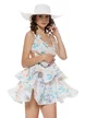 Rochie de vara mini cu volane intarite din bumbac imprimeu floral bleu flori 3D