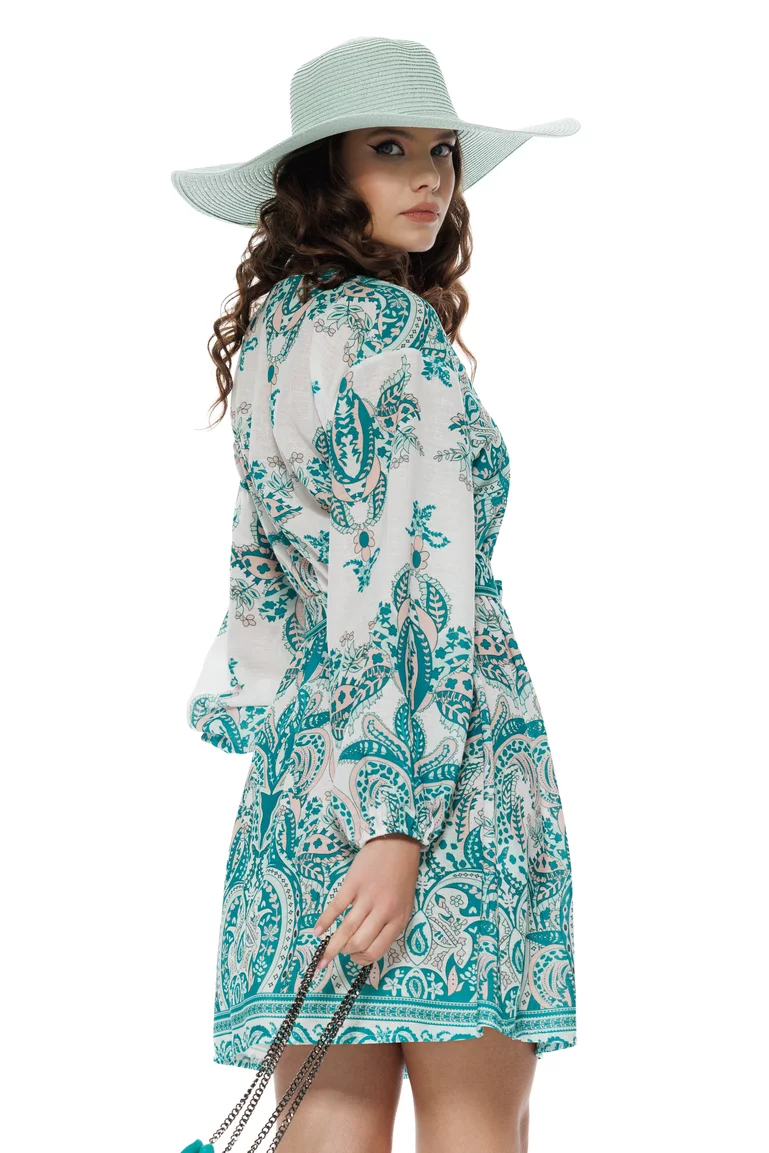 Rochie de vara mini din bumbac imprimeu paisley bohemian verde cu alb picture - 2