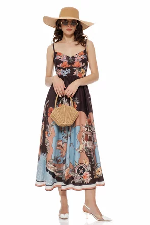 Rochie de vara mocca lunga cu bumbac imprimeu floral estival si bust buretat
