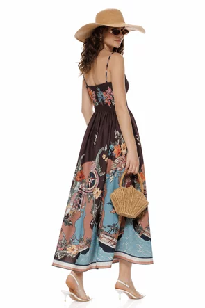 Rochie de vara mocca lunga cu bumbac imprimeu floral estival si bust buretat