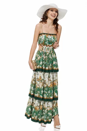 Rochie de vara olive lunga cu bumbac cu volane suprapuse imprimeu floral boho