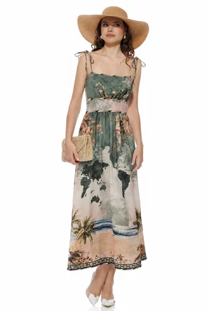 Rochie de vara olive lunga cu bumbac imprimeu floral estival 