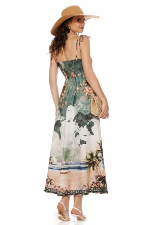 Rochie de vara olive lunga cu bumbac imprimeu floral estival 