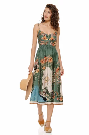 Rochie de vara olive lunga cu bumbac imprimeu floral estival si bust buretat
