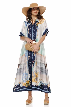 Rochie de vara premium aquamarin din matase naturala si vascoza satinata imprimeu estival