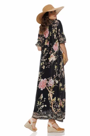 Rochie de vara premium neagra din matase naturala si vascoza satinata imprimeu luxury baroc floral maxi