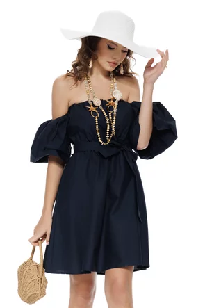 Rochie de vara scurta din bumbac bleumarin cu maneci bufante