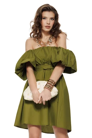 Rochie de vara scurta din bumbac olive cu maneci bufante