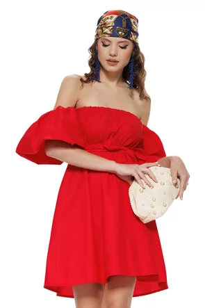 Rochie de vara scurta din bumbac rosu cu maneci bufante