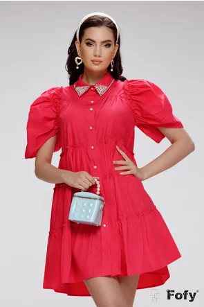 Rochie de zi premium cu volane ciclame suprapuse maneci cu design inedit si aplicatii de cristale si strasuri pe guler