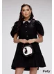 Rochie de zi premium neagra cu volane suprapuse maneci cu design inedit si aplicatii de cristale si strasuri pe guler