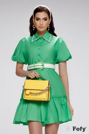 Rochie de zi premium verde cu centura si aplicatii de cristale si perle pe guler