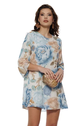 Rochie diafana din voal cu imprimeu floral baby blue croi in A cu funda la spate
