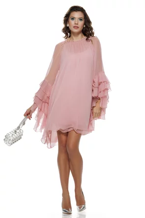 Rochie eleganta cristal rose din voal diafan premium  cu maneci volane ample