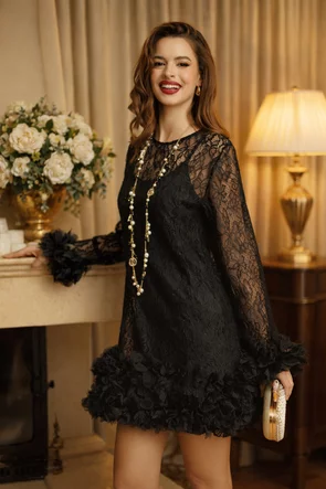 Rochie eleganta de ocazie din dantela premium cu strasuri si volane florale 3D