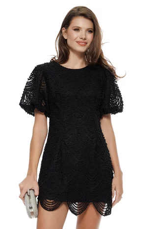 Rochie eleganta din dantela neagra cu perle croi in A si maneci bufante