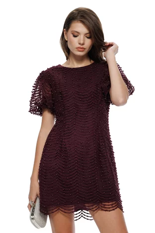 Rochie eleganta din dantela pruna cu perle croi in A si maneci bufante