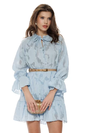 Rochie eleganta din jackard baby blue usor satinat cu volane si curea
