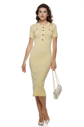 Rochie eleganta din tricot premium galben cu buzunare terminatii ondulate si accesorii aurii