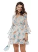 Rochie eleganta din voal matasos baby blue imprimeu floral cu volanane suprapuse