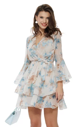 Rochie eleganta din voal matasos baby blue imprimeu floral cu volanane suprapuse