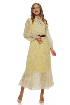 Rochie eleganta din voal matasos galben cu volane si imprimeu cu buline