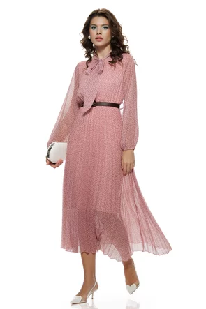 Rochie eleganta din voal matasos roz cu volane si imprimeu cu buline