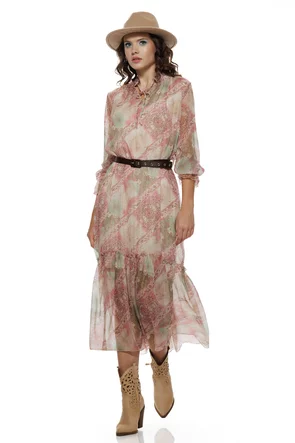 Rochie eleganta din voal matasos roz cu volane si imprimeu paisley