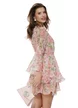 Rochie eleganta din voal matasos roz imprimeu floral cu volanane suprapuse