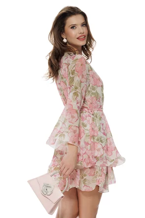 Rochie eleganta din voal matasos roz imprimeu floral cu volanane suprapuse