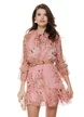 Rochie eleganta din voal matasos roz imprimeu floral cu volane romantice si curea