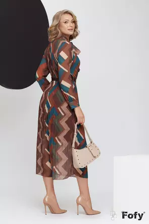 Rochie eleganta din voal plisat imprimeu tomnatic verde cu centura