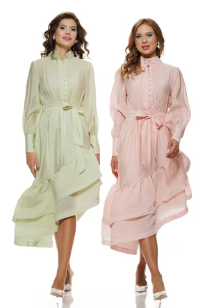 Rochie eleganta fistic din organza premium fusta asimetrica cu volane intarite