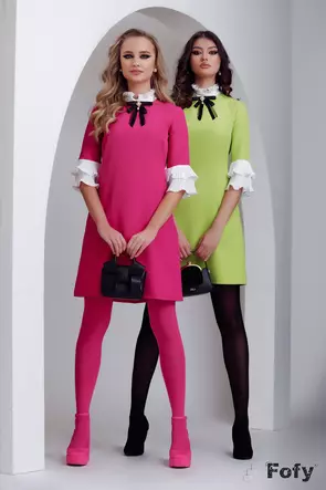 Rochie eleganta Fofy croi in A  lime cu  aplicatii plisate albe si brosa