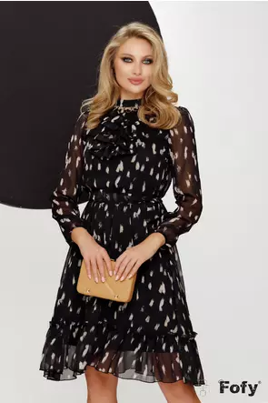 Rochie eleganta Fofy din voal imprimeu grafic bej negru cu jabou si colier inclus