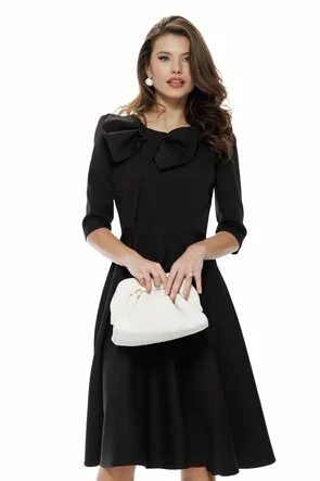 Rochie damă elegantă neagra Fofy clos cu fundă maxi și croi feminin fluid