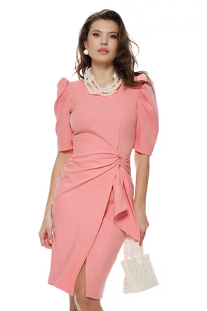 Rochie eleganta Fofy roz  premium cu fusta petrecuta si nod stilizat