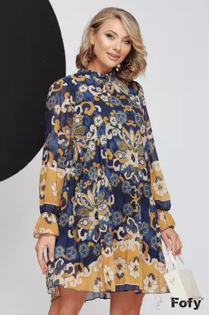 Rochie eleganta lejera din voal plisat imprimeu in tentinte tomnatice albastru