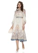 Rochie eleganta lunga bej cu imprimeu floral cu influente baroc si nasturi bijuterie