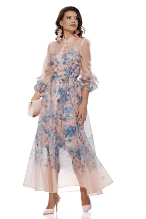 Rochie eleganta lunga din organza cu flori 3D si imprimeu floral baby blue