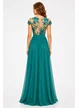 Rochie elegantă Fofy lungă verde smarald, cu bust din dantelă brodată și fustă din voal cu șliț